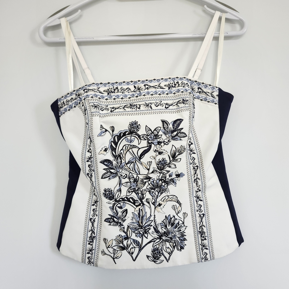 Corset Blue And White Embroidered Extra Small Size 0- 2 Floral Strap Strapless